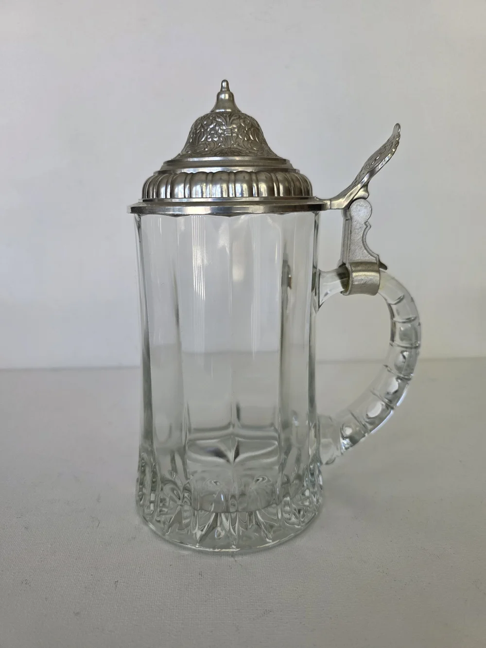Vintage Clear Glass Beer Stein with Decorative Silver-Tone Hinged Lid